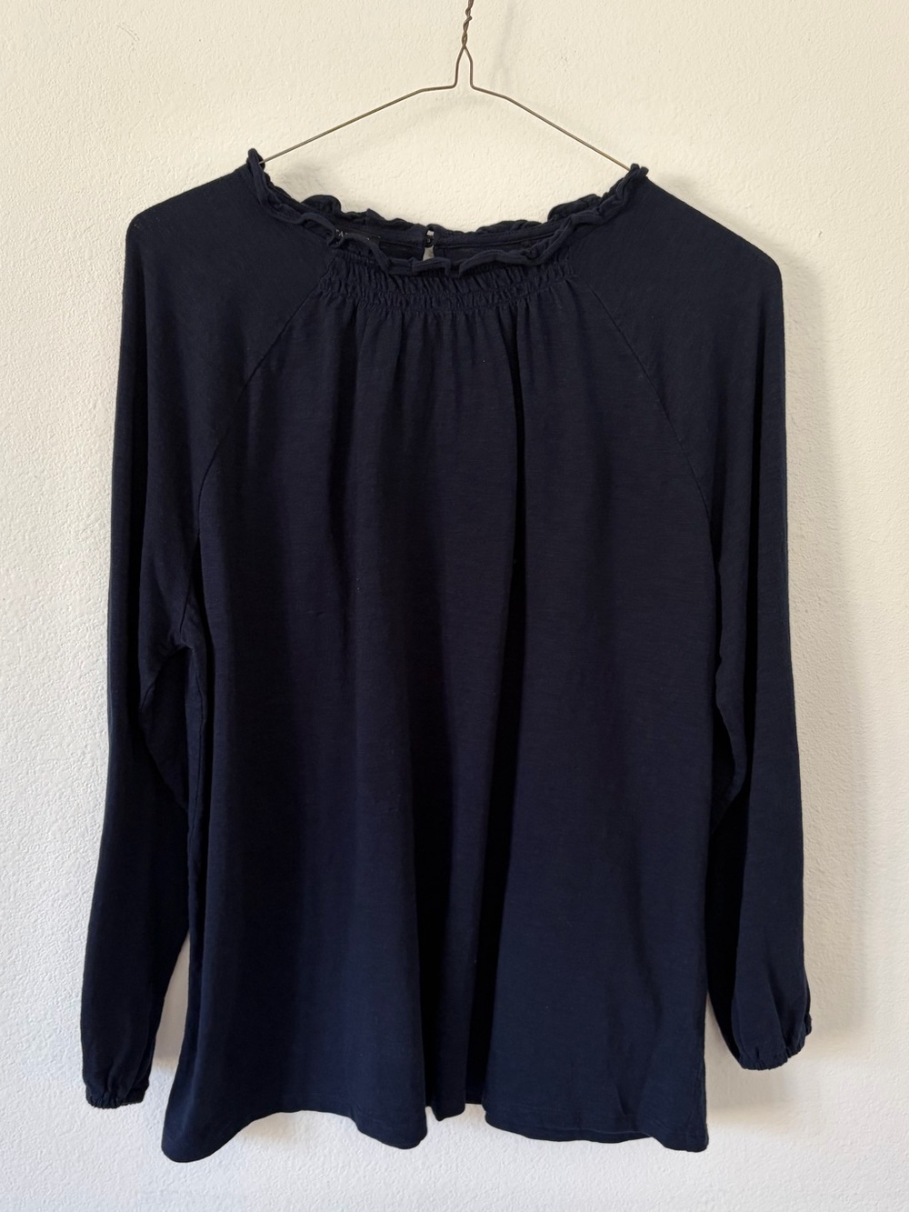 Talbots Navy Long Sleeve Ruffle-Neck Top